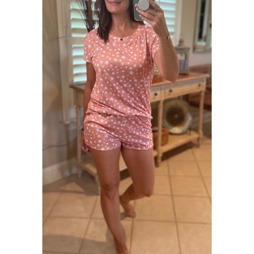 Star Print Two Piece Shorts Pocket Pajama Lounge Set Pink 2820